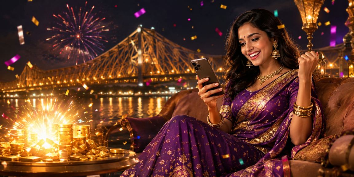 Mobile user playing live casino games by the iconic Howrah Bridge in Kolkata