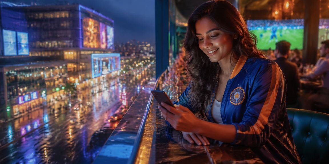 Neon-lit stadium with cricket supporters in Mumbai